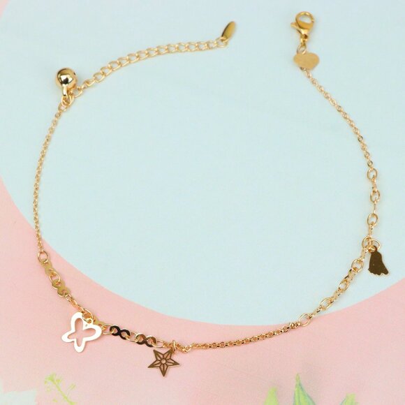 "Rose Gold Anklet with Star, Butterfly & Bell Charms, XPAL1051 - Picture 1 of 14